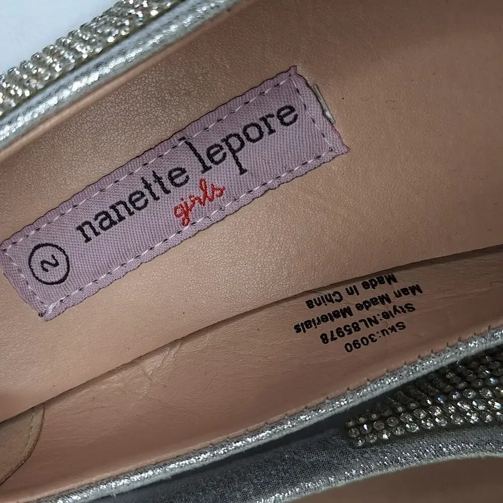 Nanette Lepore Girls Glitter Ballet Flats 2 Party Shoes Bling Rhinestone Bows